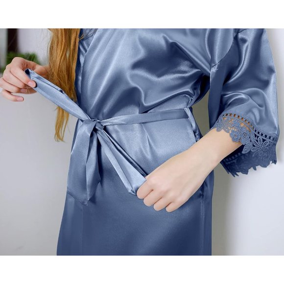 Women's Silk Robe Satin Robe with Lace Trim∣Bridal Party Robe Bride Robe - Picture 4 of 9